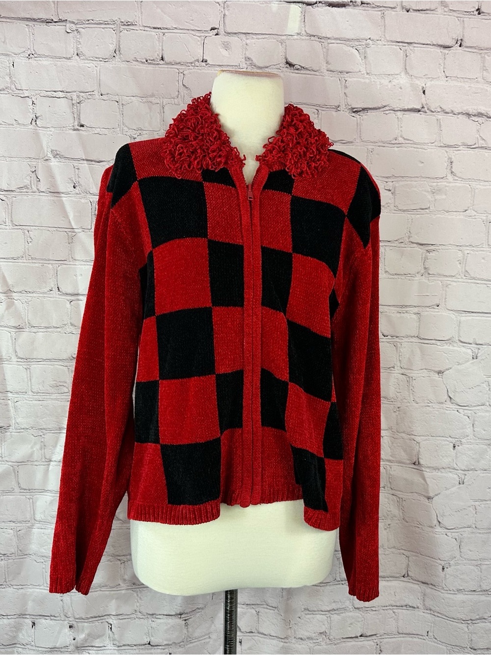 vtg Lisa International Red Black Checker chenille Cardigan sweater women L